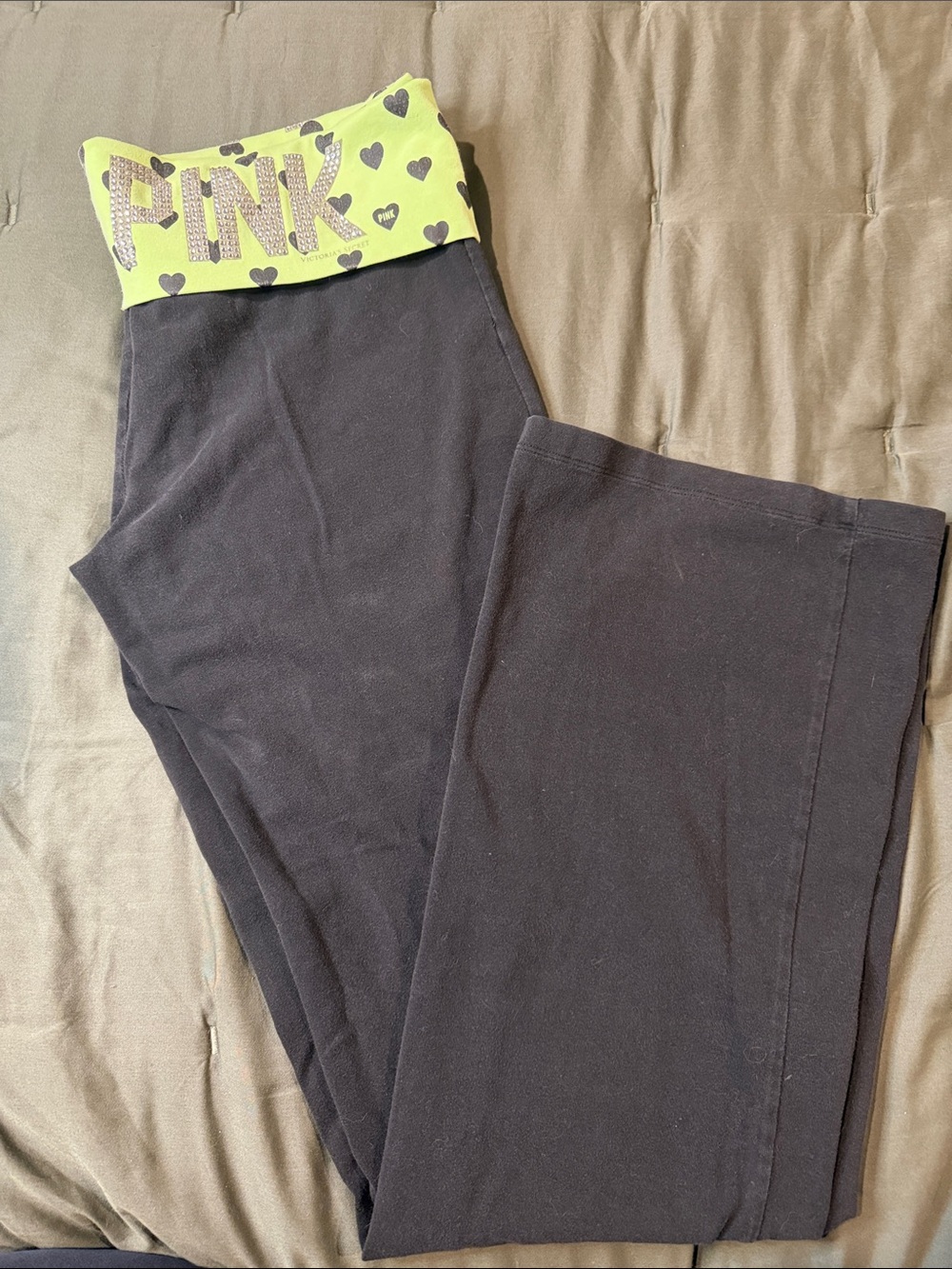 Vintage PINK Victoria's Secret Black Leggings with Neon Green Heart Waistband